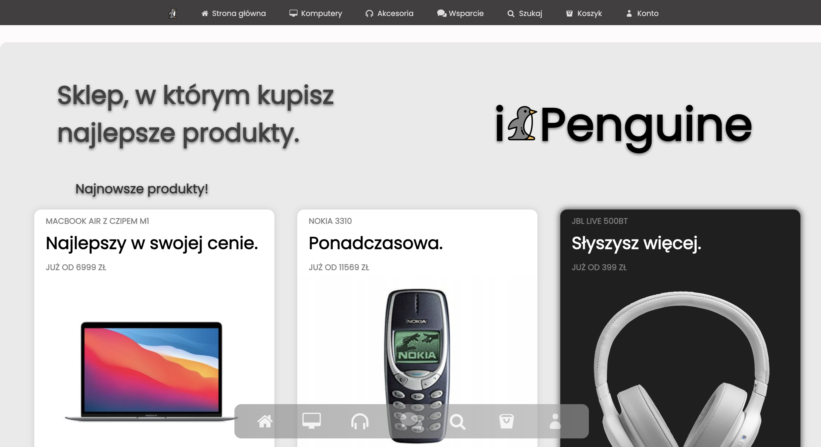 Strona internetowa, jasna, na wzór strony Appla, Pingwin